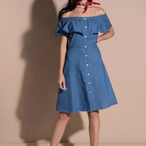 New One-Line Neck Solid Color Off-the-Shoulder Denim High Waist Dress