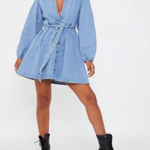 Long-sleeved Cardigan V-neck Denim Midi Dress