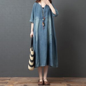Loose Panel V Neck Half Sleeve Denim Dress
