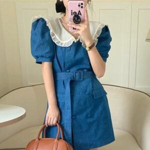 French Vintage Ruffle Collar Double-breasted Denim Dress