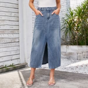 Washed Elastic Waist Split Denim Midi Dress