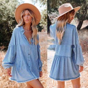 Lantern Sleeves Short Dress Vintage Fashion Loose Denim