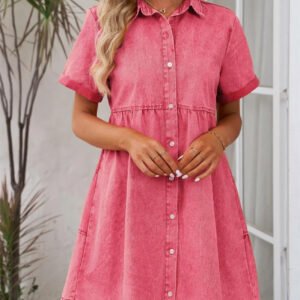 European And American Washed Denim Lapel Ruffled Dress
