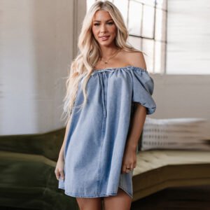 Solid Color Denim Skirt Pleated Lace-up Dress