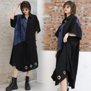 Loose Personality Short-sleeved Shirt Dress Denim Stitching