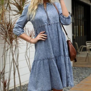 Women's Fashion Round Neck Zipper Large Hem Pleated Do-over Denim Dress