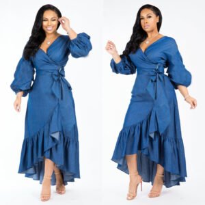 Ruffled Lantern Sleeve V-Neck Denim Dress