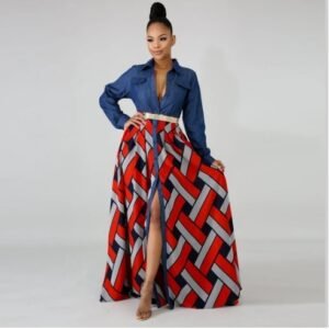 Denim And Woven Printed Dress With Big Swing